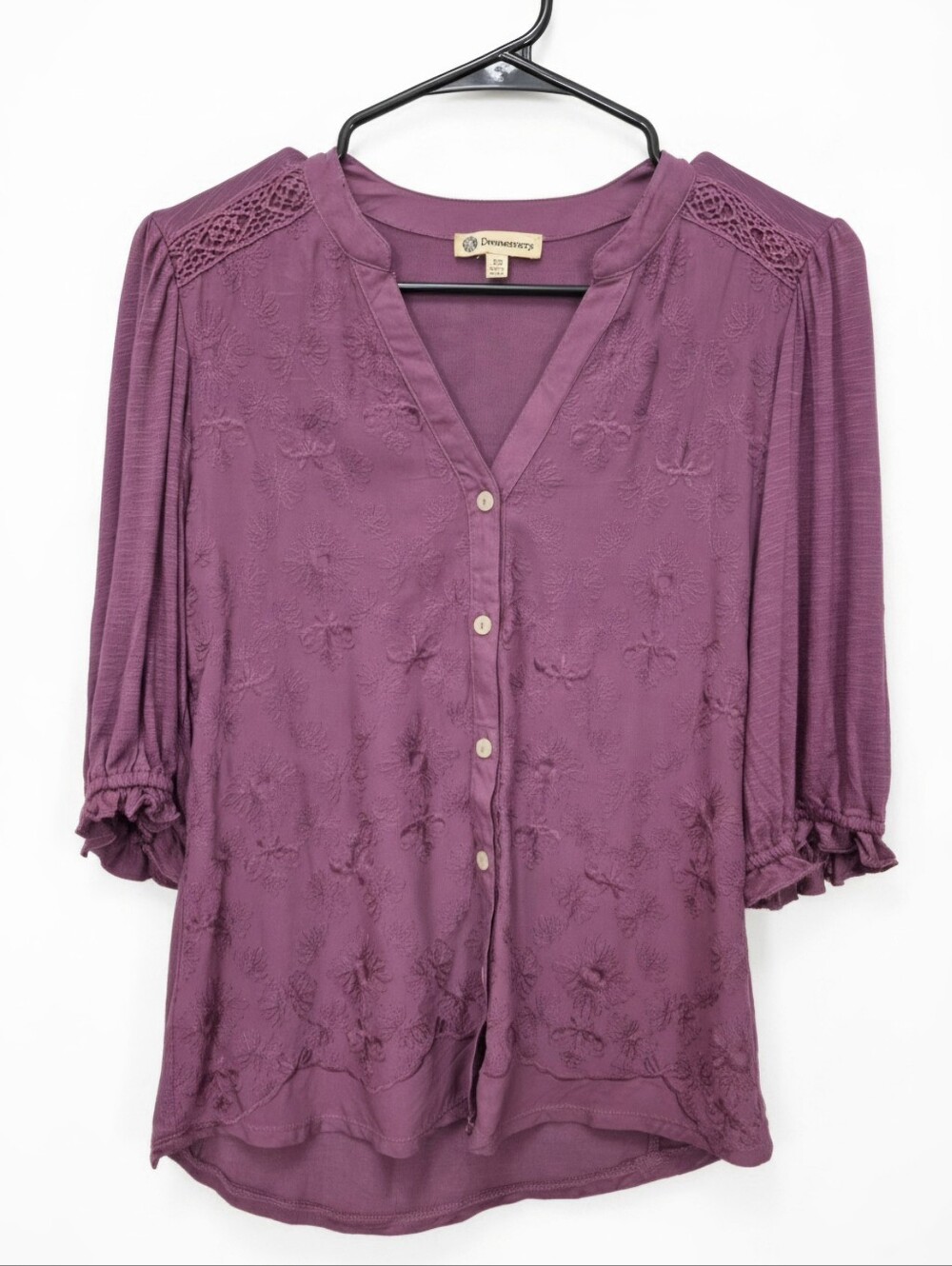 Democracy Boho Embroidered Blouse Size XS Magenta Berry V-Neck Button Front